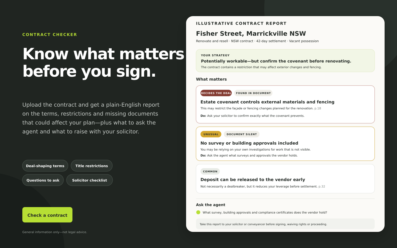StaxUp contract checker showing a plain-English summary, key matters and questions for professional advice