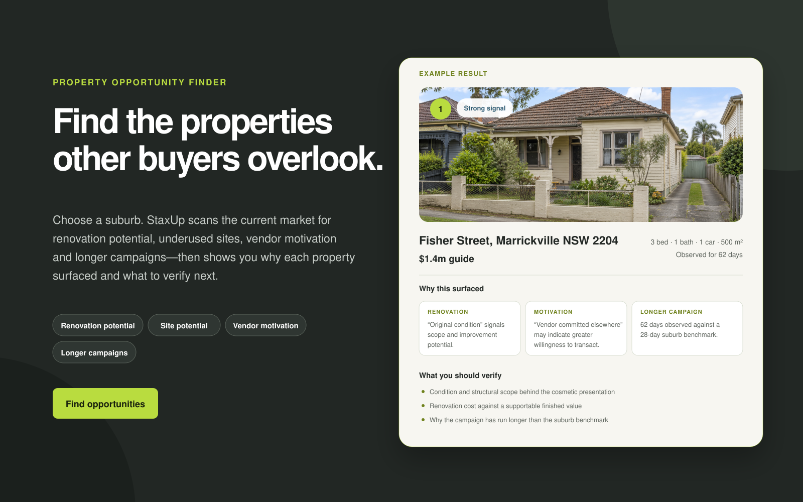 StaxUp property opportunity finder showing a shortlist of listings and why each property surfaced
