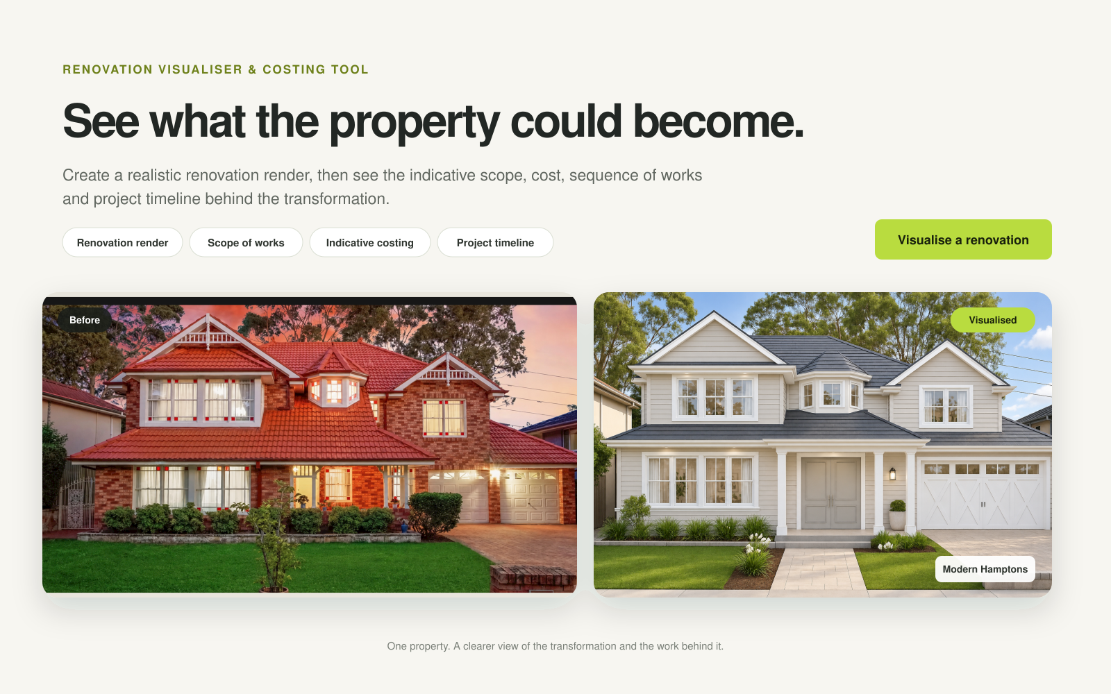 StaxUp renovation visualiser showing a before-and-after Hamptons-style renovation and indicative scope, costing and timeline